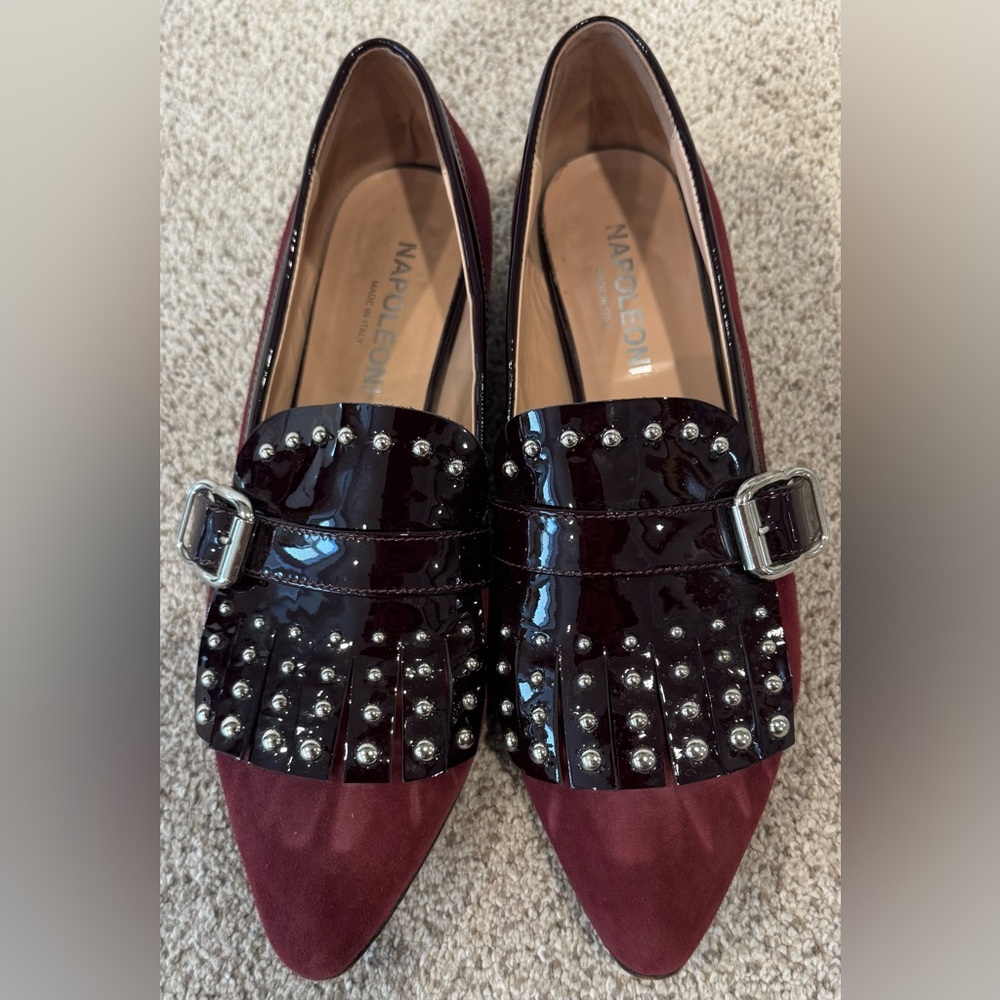 Napoleoni Italian Maroon Leather Studded Fringe Kiltie Buckle Loafer Flat 8/8.5 - Picture 3 of 10